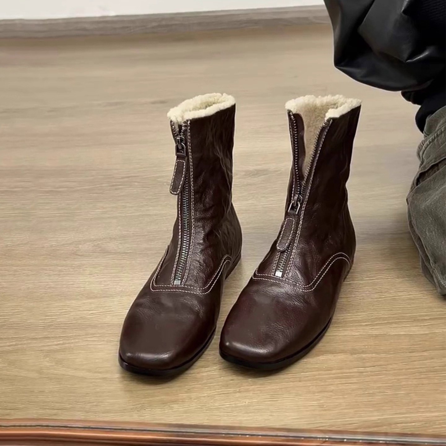 Sewing Front Zipper - Botas Curtas Femininas Estilo Britânico Retrô