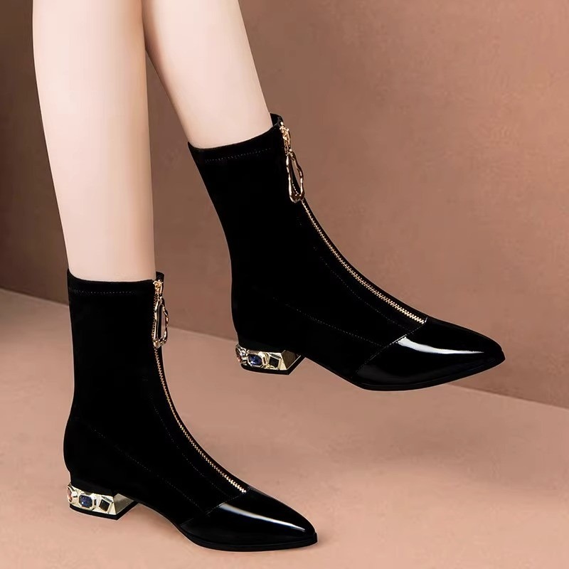 Sewing Front Zipper - Mulheres brilhantes lantejoulas tornozelo botas de
